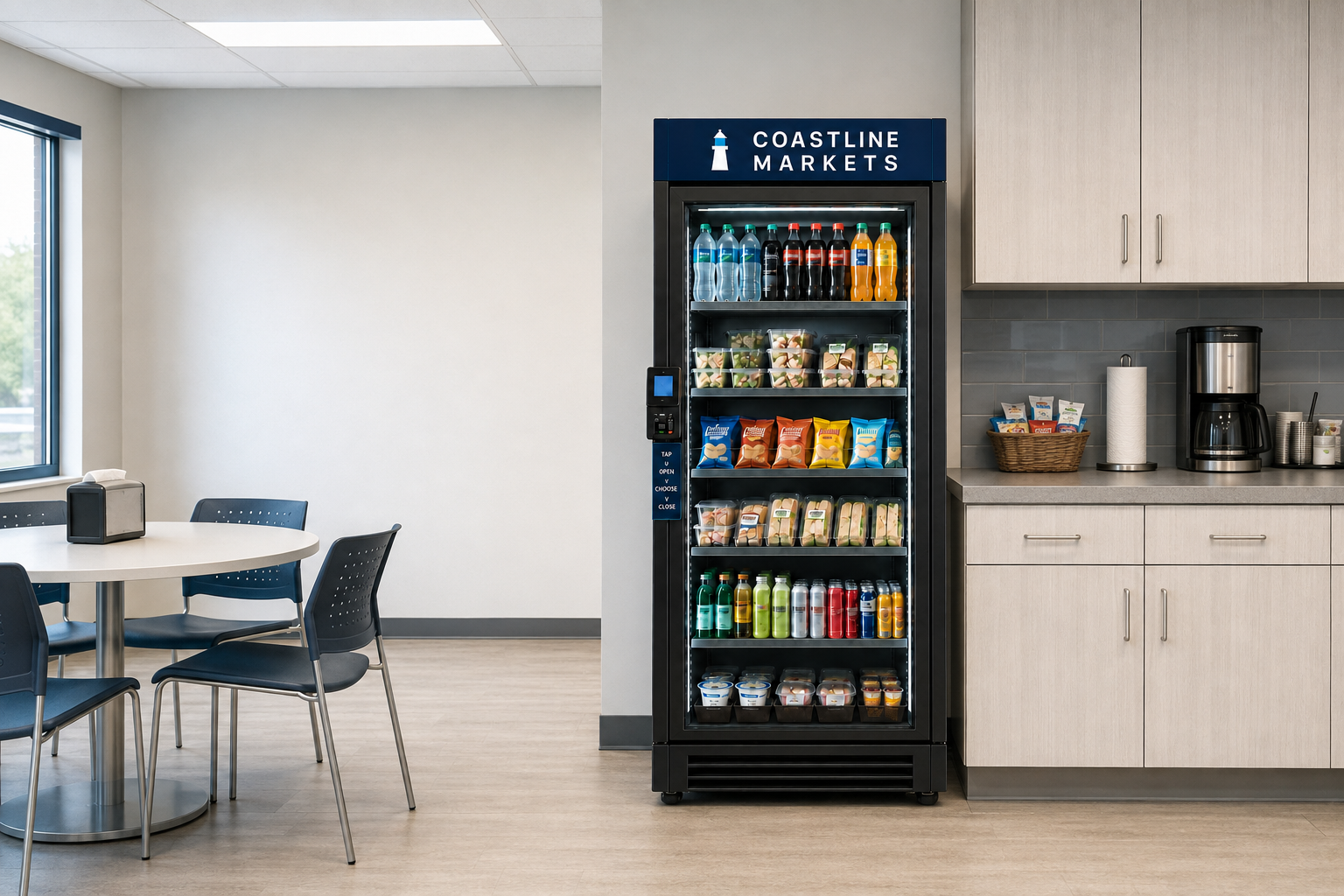 Coastline Markets branded smart market cooler installed in an office breakroom, stocked with cold drinks, snacks, and grab-and-go items